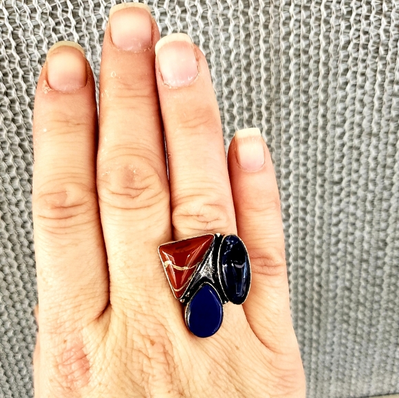New Navy Sodalite, Lapis Lazuli and Red Jasper 925 Silver Ring. - Picture 4 of 7